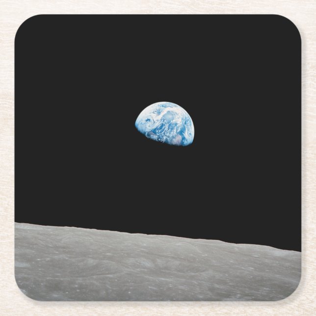 Earth Rising Above The Lunar Horizon. Square Paper Coaster (Front)