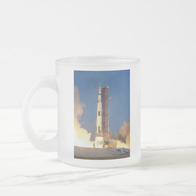 Earth Shakes as Saturn V Blazes Skyward to Moon Frosted Glass Coffee Mug (Left)