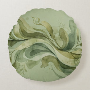 Earth Song Flowing Abstract Sage & Olive Greens Round Cushion