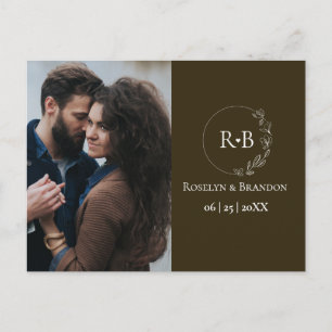 Earth tone brown Monogram wreath Photo wedding Postcard