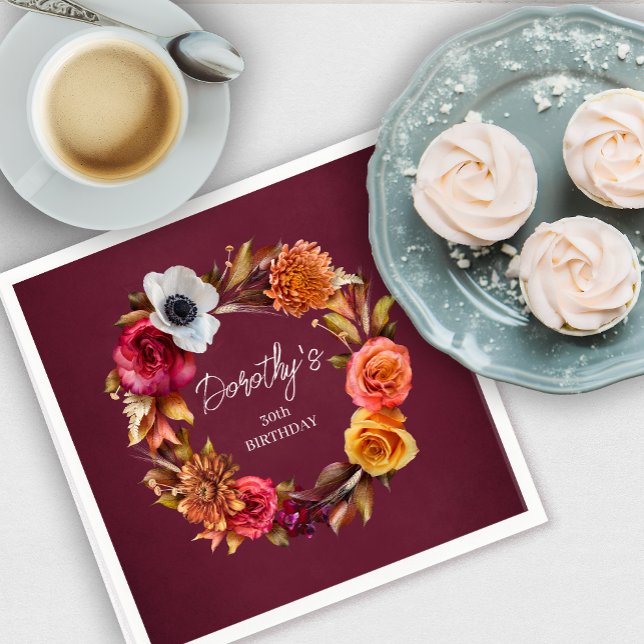 Earth Tone Burgundy Fall Flowers 30th Birthday Napkin (Personalized 30th birthday burgundy napkin with a fall flowers wreath will create a unique vibe. )