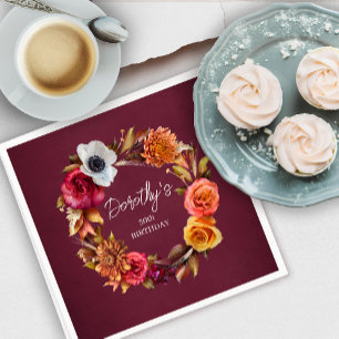 Earth Tone Burgundy Fall Flowers 50th Birthday Napkin