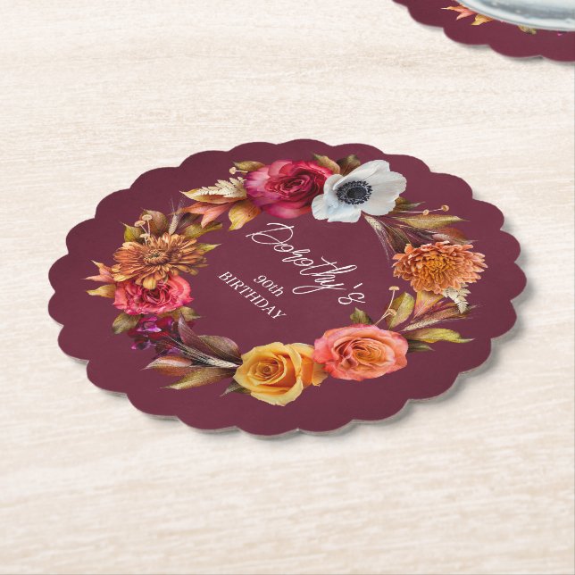 Earth Tone Burgundy Fall Flowers 90th Birthday Paper Coaster (Angled)