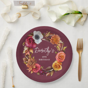 Earth Tone Burgundy Fall Flowers 90th Birthday Paper Plate