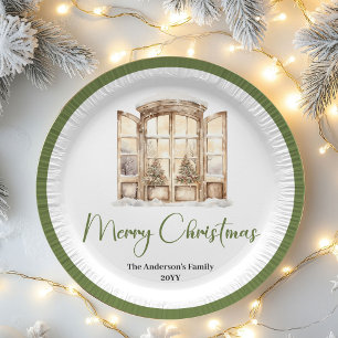 Earth Tone Christmas Script Custom Family Name Paper Plate