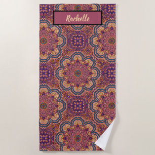 Earth Tone Coloured Mandala Pattern Monogrammed Beach Towel