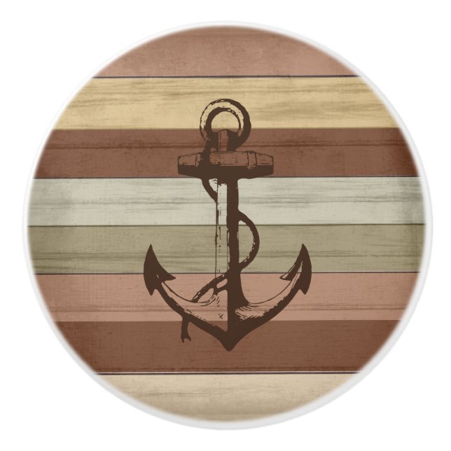 Earth Tone Coloured Wood Nautical Stripes & Anchor Ceramic Knob (Front)