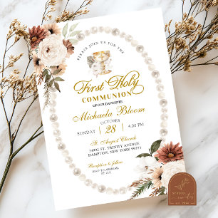 Earth Tone Floral Pearl First Holy Communion Invitation