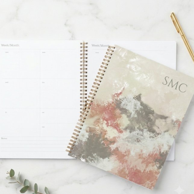 Earth Tone Fluid Abstract Art Monogram Planner (A sophisticated earth tone abstract notebook, perfect for elevated desk organization.)