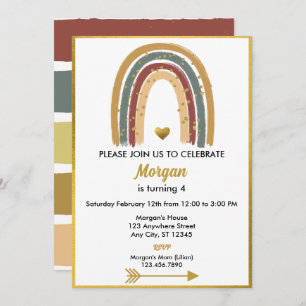 Earth Tone Golden Glitter Boho Rainbow Birthday Invitation