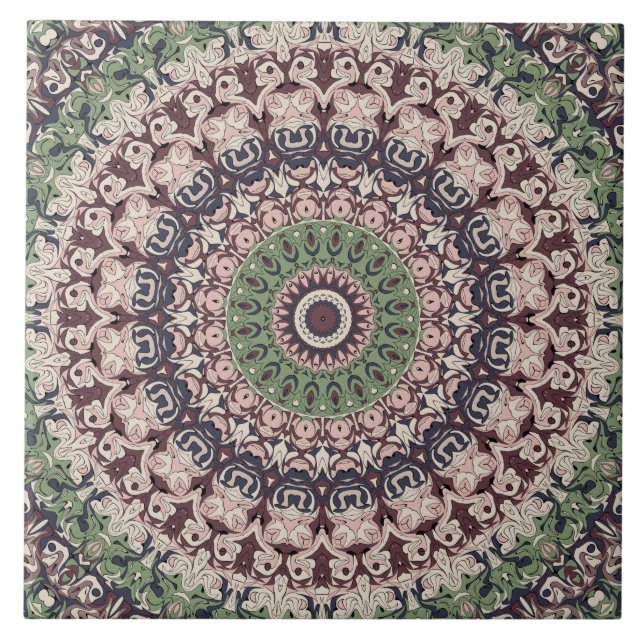 Earth Tone Green and Brown Mandala Pattern Tile (Front)
