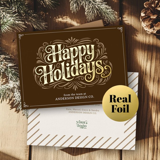 Earth Tone Modern Typography Small Business Logo Foil Holiday Card (Creator Uploaded)
