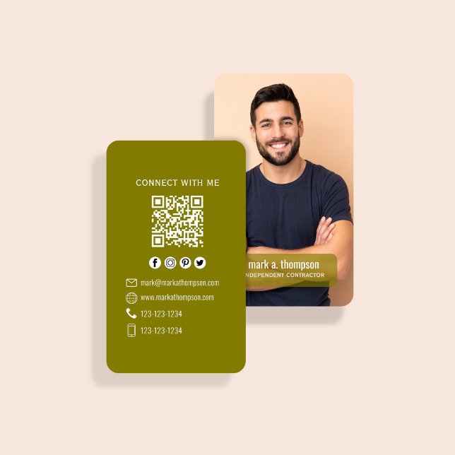 Earth Tone Photo QR Code Connect With Me Business Card (Olive green QR code card with photo and clean modern contact layout)