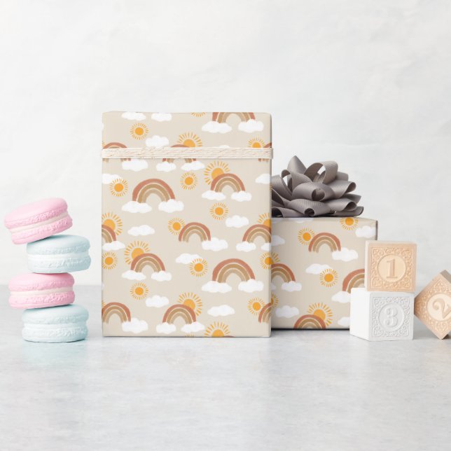 Earth Tone Rainbow and Golden Sun with Clouds Wrapping Paper (Baby Shower)