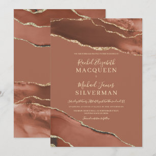 Earth Tone Terracotta Gold Agate Marble Wedding Invitation
