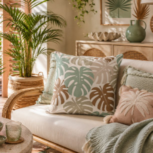 Earth Tone Tropical Monstera Leaves Pattern Cushion