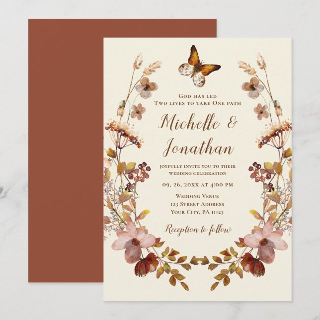 Earth Tone Wildflowers Wreath Christian Wedding Invitation (Front/Back)