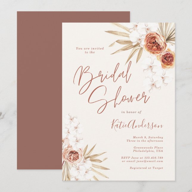 Earth Toned Pampas Grass Boho Bridal Shower Invitation (Front/Back)