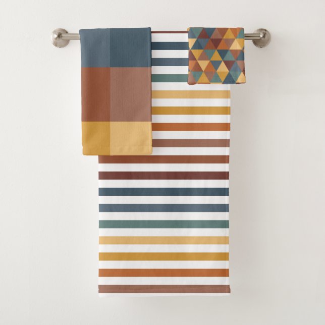 EARTH TONED STRIPES & GEOMETRIC PATTERNS BATH TOWEL SET (Insitu)