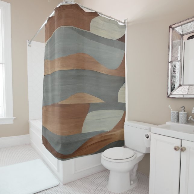 Earth tones abstract live edge wood shower curtain (In Situ)
