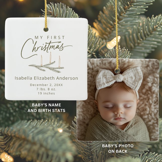 Earth Tones Birth Stats Photo My First Christmas  Ceramic Ornament (Shown on a Ceramic Square Ornament)