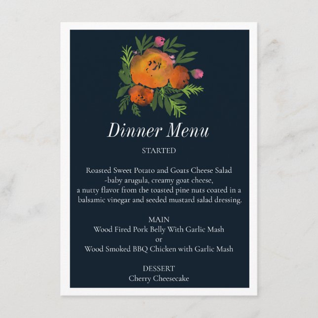 Earth Tones Burnt Orange Navy Floral Wedding Menu (Front)