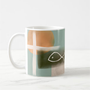 Earth tones cross and fish minimalist art  coffee mug