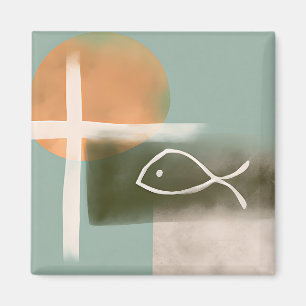 Earth tones cross and fish minimalist art  magnet
