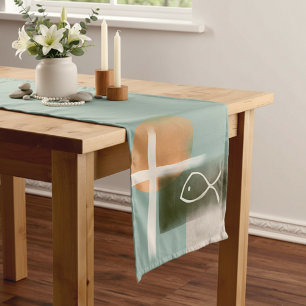 Earth tones cross and fish minimalist art  short table runner