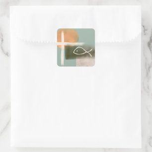 Earth tones cross and fish minimalist art  square sticker