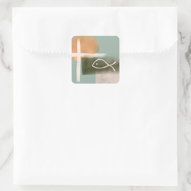 Earth tones cross and fish minimalist art  square sticker (Bag)