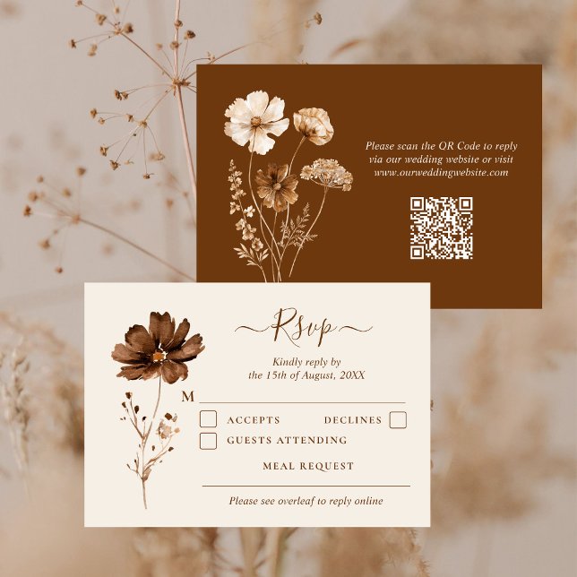 Earth Tones Dried Wildflowers Boho QR Code Wedding RSVP Card (Creator Uploaded)