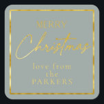 Earth Tones Green Gold Merry Christmas ID1009 Square Sticker<br><div class="desc">If you are wondering what colour combinations to pick for your Christmas decor and gift wrap supplies this year, I've created collections of coordinating patterns to make life just a bit easier. This 'Merry Christmas' sticker features a muted blue-green background and gold text with a template to add your name...</div>