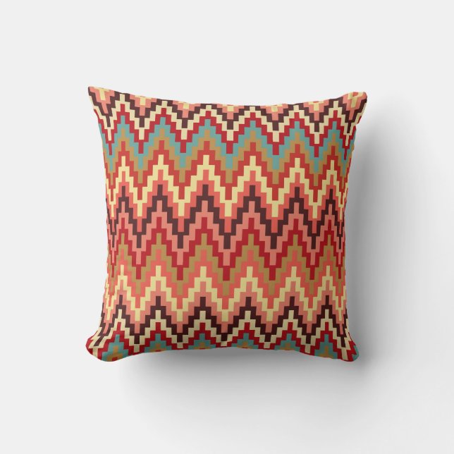 Earth Tones Ikat Chevron Zig Zag Stripes Pattern Cushion (Front)