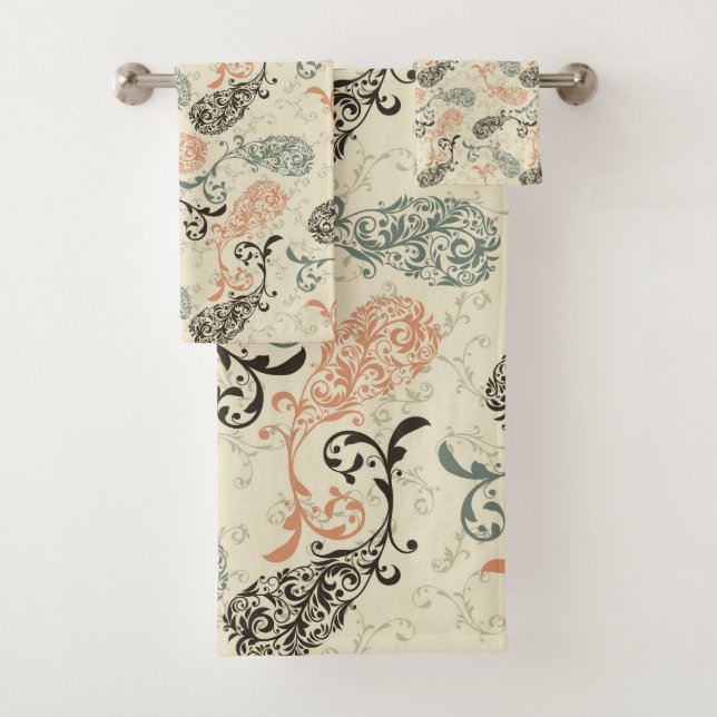 Earth Tones Paisley Tan Grey Black Bath Towel Set (Insitu)