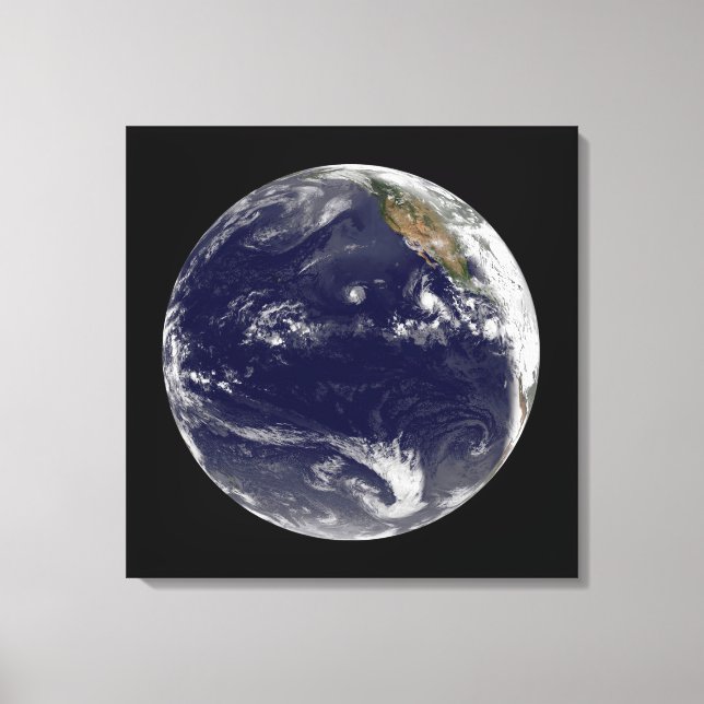 Earth With Three Tropical Cyclones In The Pacific. Canvas Print (Front)