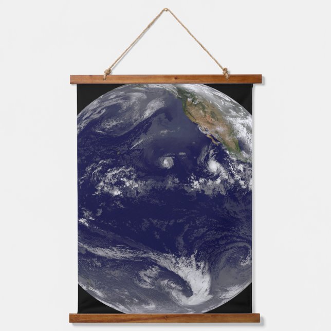 Earth With Three Tropical Cyclones In The Pacific. Hanging Tapestry (Front)