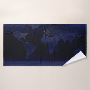 Earth World Map City Lights at Night Satellite Bath Towel