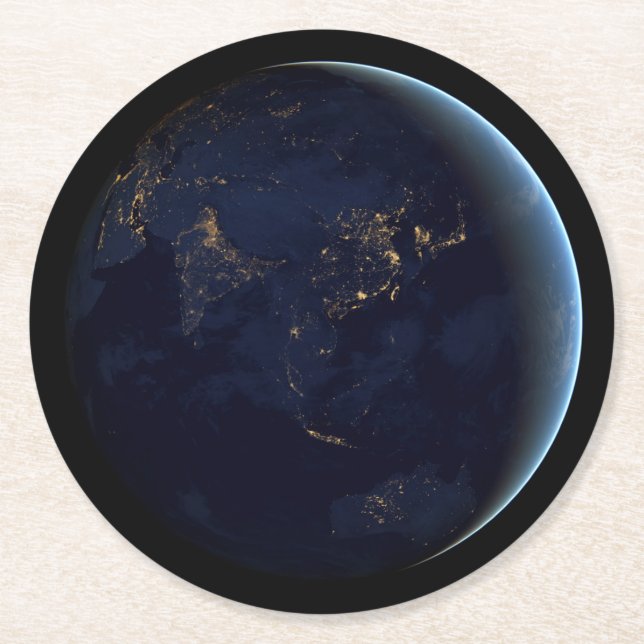 Earth's City Lights At Night On Asia And Australia Round Paper Coaster (Front)