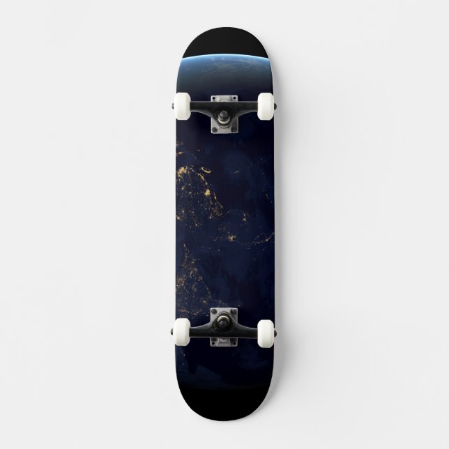 Earth's City Lights At Night On Asia And Australia Skateboard (Front)