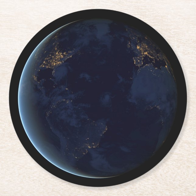 Earth's City Lights At Night Round Paper Coaster (Front)