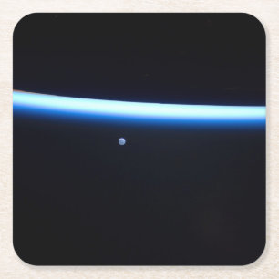Earth's Thin Line Of Atmosphere And A Gibbous Moon Square Paper Coaster