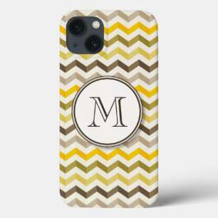 Earthtone Gold Chevron Stripes with Round Monogram iPhone 13 Case