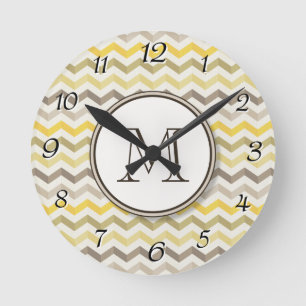 Earthtone Gold Chevron Stripes with Round Monogram Clock