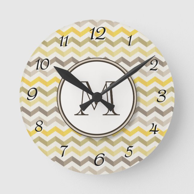 Earthtone Gold Chevron Stripes with Round Monogram Clock (Front)