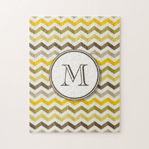 Earthtone Gold Chevron Stripes with Round Monogram Jigsaw Puzzle