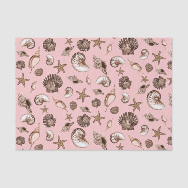 Earthtone seashells on pink  tissue paper (Front)