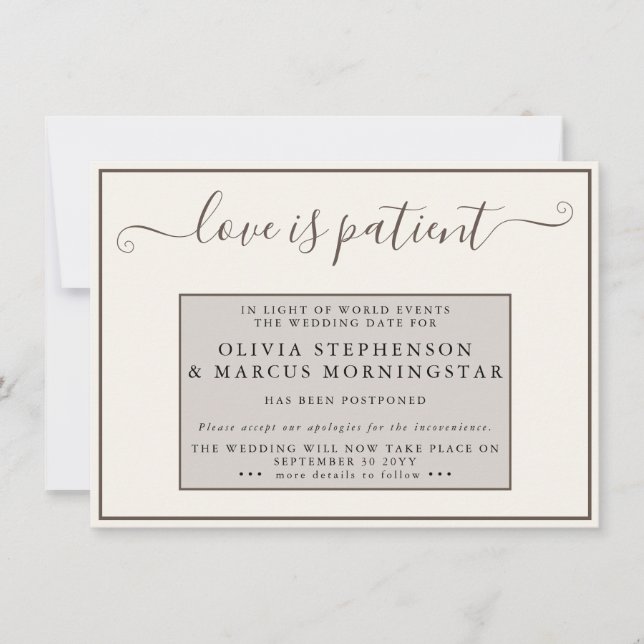 Earthtones Postponed Event Love is Patient Invitation (Front)