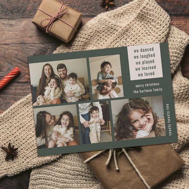 Earthy 5 Photo Collage Year Review Christmas Green Holiday Card (Creator Uploaded)