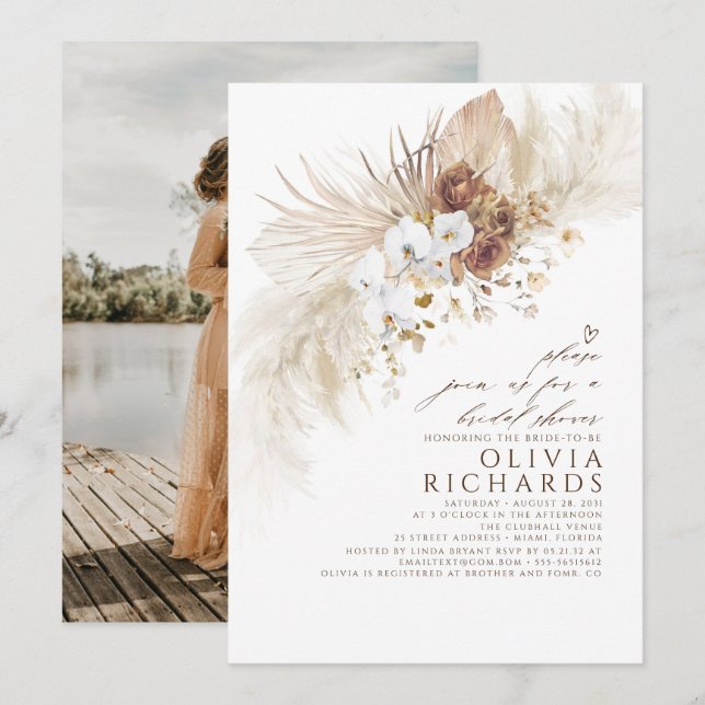 Earthy and White Flowers Boho Bridal Shower Photo Invitation (Front/Back)